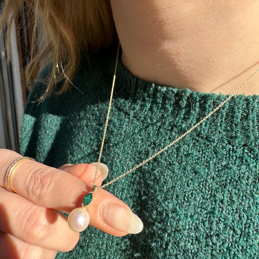 Marquise Necklace and Earrings Set in 14K Solid Gold Pearl Necklace Earring Set for Bridal Jewelry Set with Marquise Cut Emerald