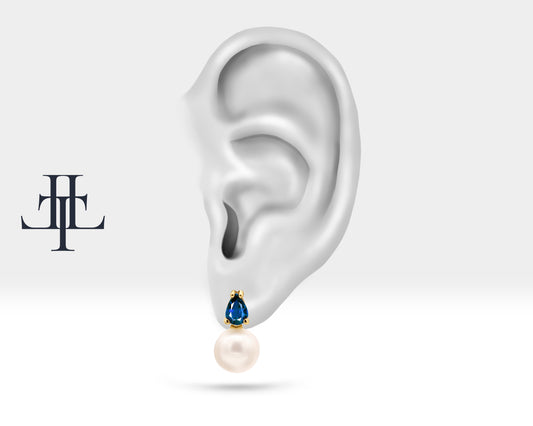 Pearl Earrings in 14K Solid Gold Pearl Earring with Pear Cut Sapphire Stud Earrings for Bridal Jewelry | LES00004PS