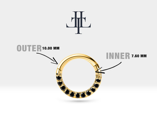 Cartilage Hoop Sequencing Design Black Sapphire Clicker Piercing 14K Yellow White Rose Solid Gold 16G(1.2mm) 10-12mm Outer | LC00002BS