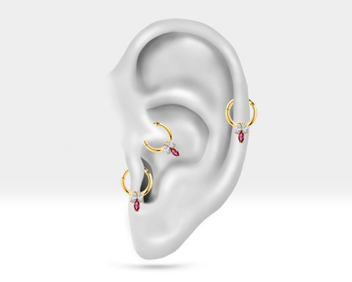 Cartilage Hoop Piercing,Marquise Cut Diamond and Ruby Clicker,Single Earring,14K Solid Gold,16G(1.2mm),10mm Outer