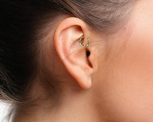 Cartilage Hoop with Three Round Cut Green Garnet Clicker Single Piercing in 14K Solid Gold 18G