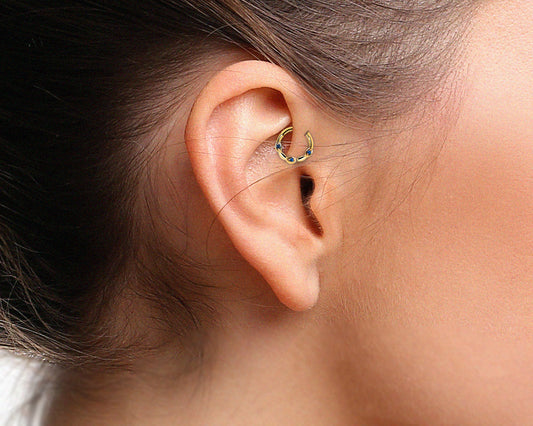 Cartilage Hoop with 3 Round Cut Sapphire Clicker Single Piercing in 14K Solid Gold 18G