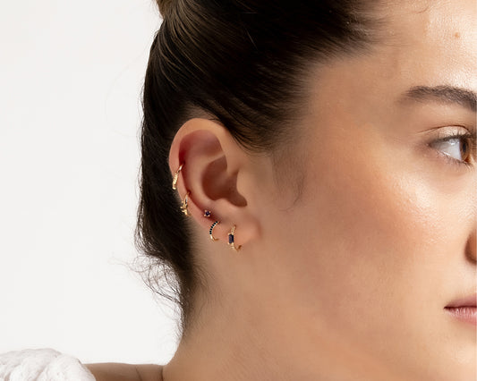 14K Yellow Solid Gold Hoop Clicker Piercing with Mix Sapphire Cartilage Single Piercing 16G