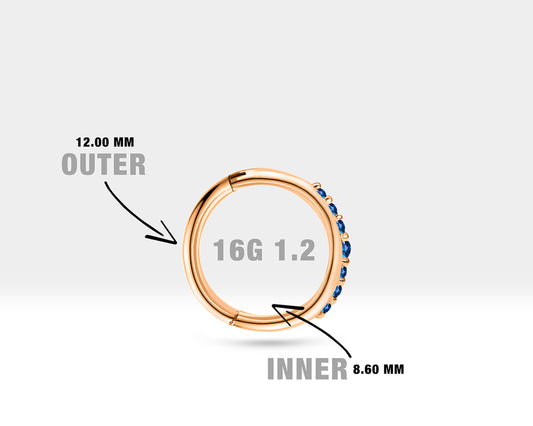 Hoop Clicker Piercing with Sapphire in 14K Solid Gold 16G Single Earring 12mm Outer