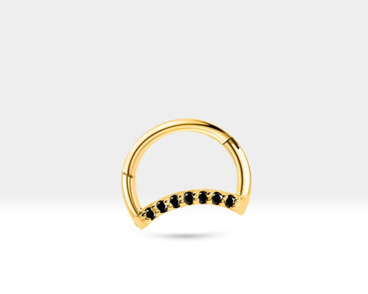 14K Solid Yellow Gold Moon Design Hoop Clicker Piercing with Black Diamond for Tragus 16G(1.2)