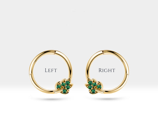 Cartilage Hoop,Round Cut Green Garnet Leafy Design Clicker,14K Yellow Solid Gold