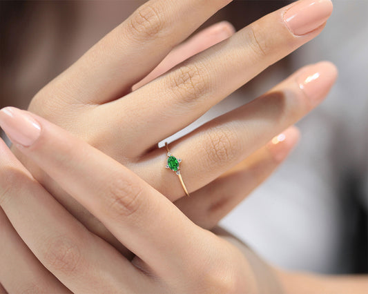 Halo Setting Oval Shaped Emerald with Diamond Ring in 14K Yellow Solid Gold,Straight Shank Engagement Ring