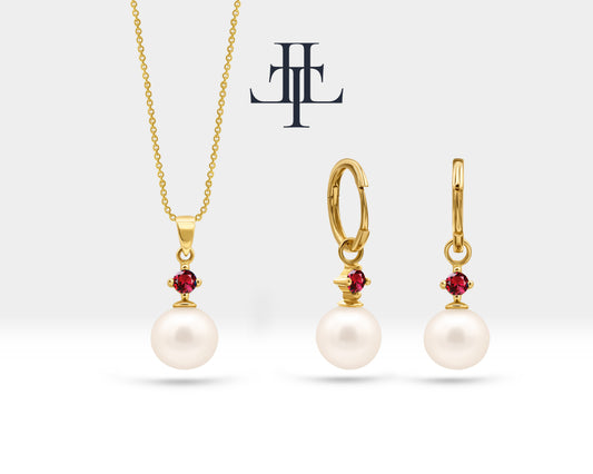 Bridal Jewelry Set of Pearl Earrings and Necklace Set in 14K Solid Gold Jewelry Set with Ruby and Natural Pearl