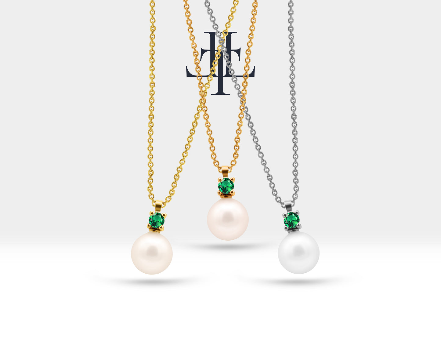 Bridal Jewelry Set of Pearl Earrings and Necklace Set in 14K Solid Gold Jewelry Set with Emerald and Natural Pearl Stud Earrings | LS00014PE