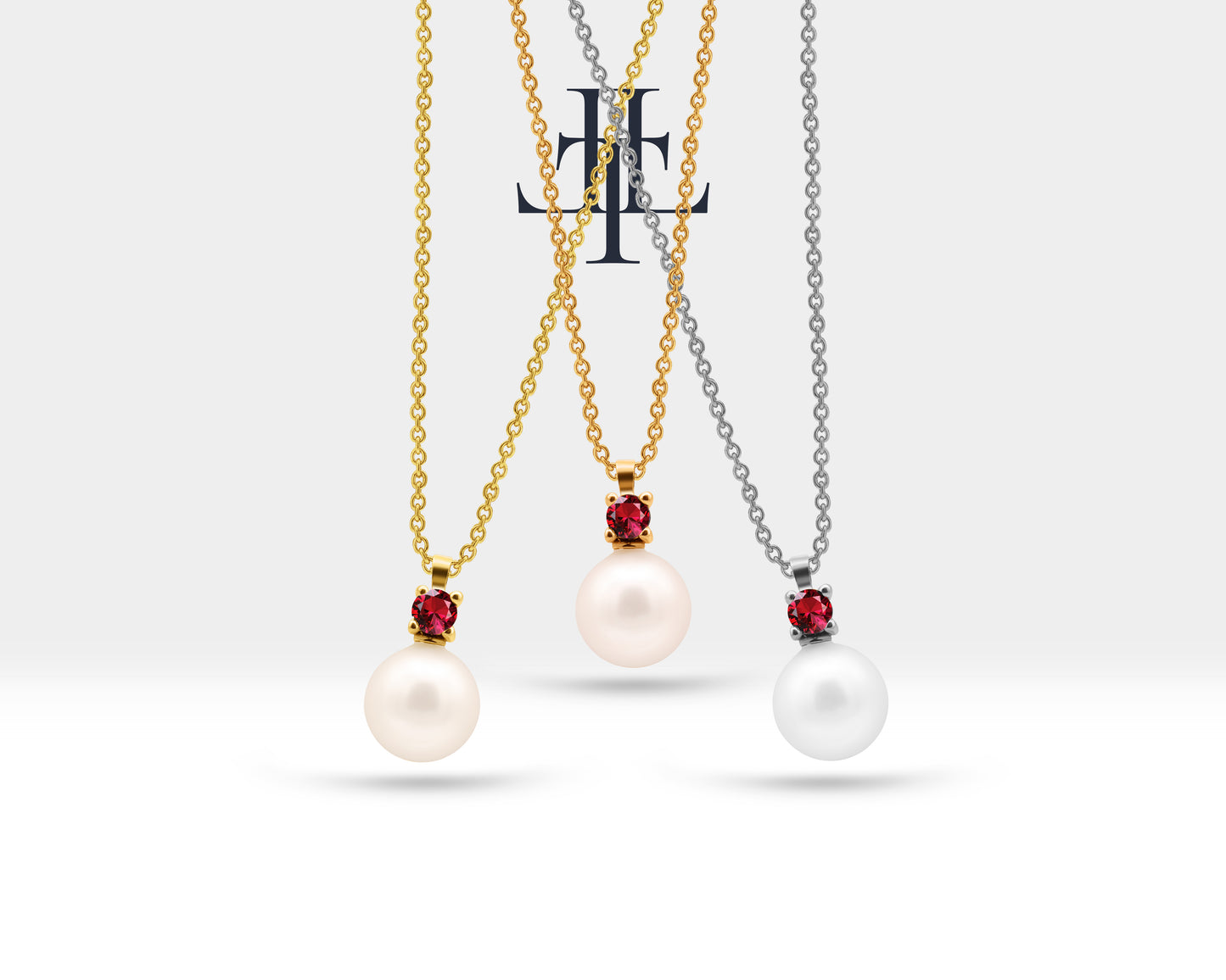 Bridal Jewelry Set of Pearl Earrings and Necklace Set in 14K Solid Gold Jewelry Set with Ruby and Natural Pearl Stud Earrings | LS00014PR