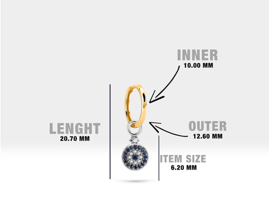 Hoop Earring,14K Yellow Solid Gold,Evil Eye Design Diamond&Sapphire Earring