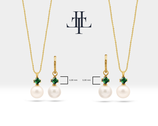 Pearl Set of Necklace and Earrings in 14K Yellow Solid Gold Pearl and Princess cut Emerald Set for Wedding Jewelry Set