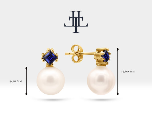 Stud Earrings with Pearl and Princess cut Sapphire Earring in 14K Yellow Solid Gold Wedding Jewelry for Brides | LES00003PS
