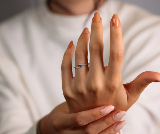 14K Yellow Solid Gold Ring,Marquise Cut Sapphire Ring,Half Eternity Diamond Ring