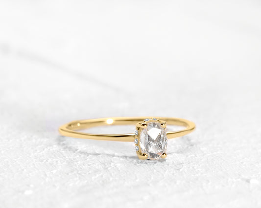 Dainty Ring, Diamond Oval cut with Frame Diamonds, 14K Gold