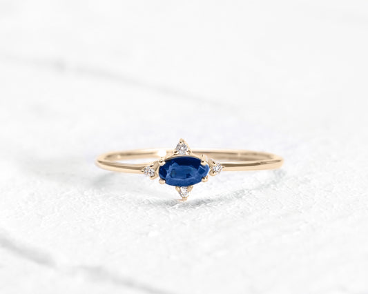 Dainty Ring, Oval Flower Ring, Oval cut Sapphire with 4 Diamonds, 14K Gold