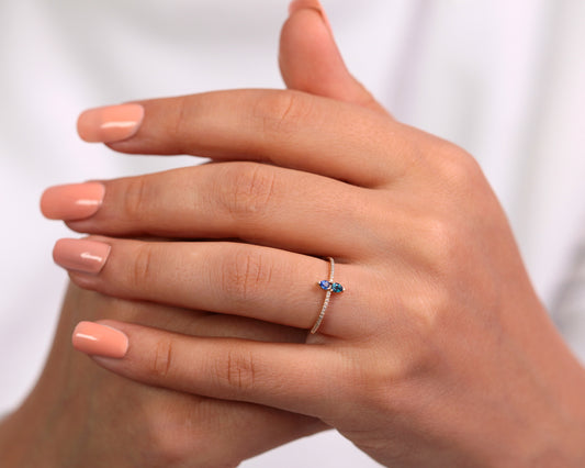 Unique Design Ring with Pear Cut Sapphire and Round cut Diamond 14K Gold