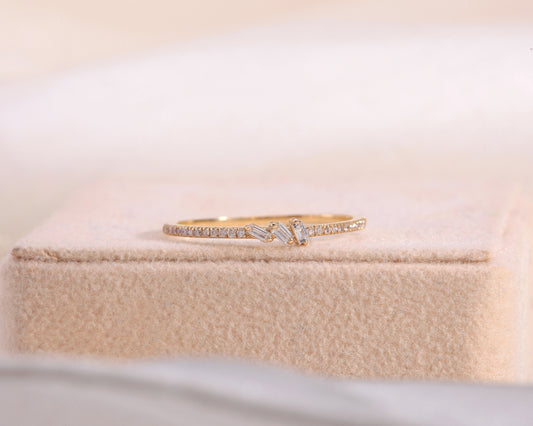 Ring with Baguette and Round cut Diamond 14K Gold Handmade Ring
