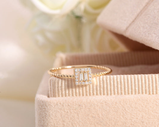 Ring with Baguette Cut and Round Cut Diamond in a Frame with Outstanding Design 14K Gold