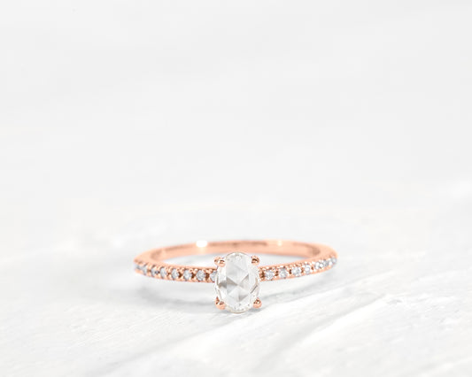 Dainty Ring, Diamond Oval Rose cut with Diamonds, 14K Gold