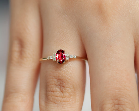 Ruby Oval Cut with Sprinkled Diamonds 14K Yellow Solid Gold Ring | LR00054DR