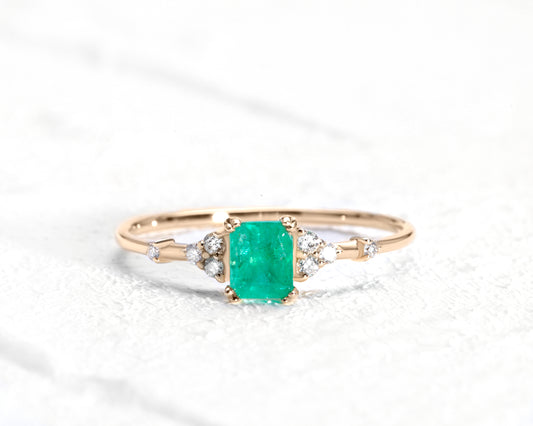 Dainty Ring , Emerald cut Emerald with 8 Diamonds, 14K Gold