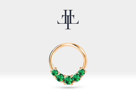 Cartilage Hoop, Five Round Cut Green Garnet Clicker, Single Earing, 14K Gold