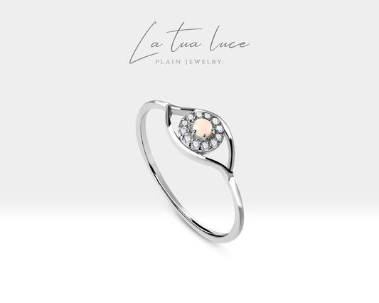 Oval Opal and Diamond Eye Design Gold 14K Handmade Ring Minimal Ring