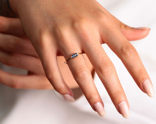 14K Yellow Solid Gold Band,Multi Stone Ring,Round Cut Sapphire and Diamond Ring