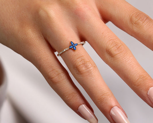 14K Yellow Solid Gold Ring,Floral Design Marquise Cut Sapphire Ring,Half Eternity Ring