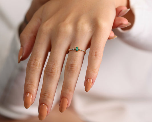 14K Yellow Solid Gold Ring ,Multi Stone Ring ,Baguette Cut Emerald with Diamond Ring