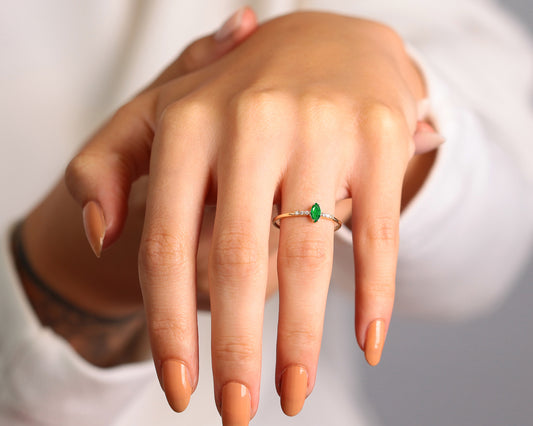 14K Yellow Solid Gold Ring,Marquise Cut Emerald Ring,Tiny Diamond Ring