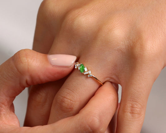 14K Yellow Solid Gold Ring,Marquise Cut Emerald Ring with Baguette Diamond