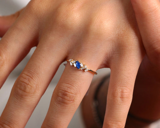 14K Yellow Solid Gold Ring,Marquise Cut Sapphire Ring with Baguette Diamond