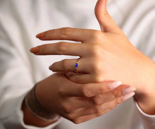 14K Yellow Gold Ring,Straight Shank Engagement Ring,Marquise Cut Sapphire Ring