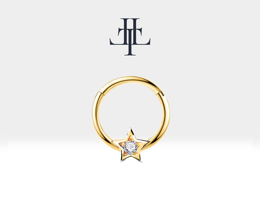 Cartilage Hoop Round Cut Diamond Star Clicker,Single Earring,14K Gold,16G