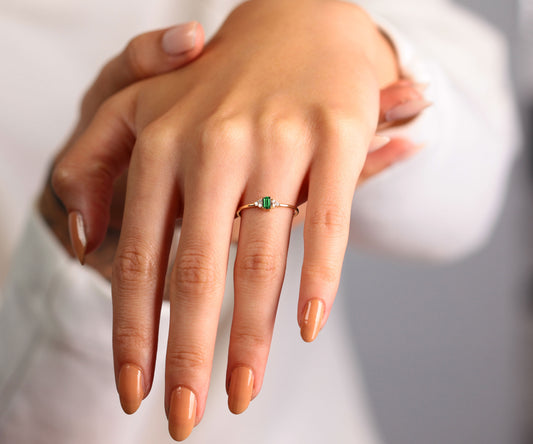 14K Yellow Solid Gold Band,Multi Stone Ring,Baguette Cut Emerald and Diamond Ring