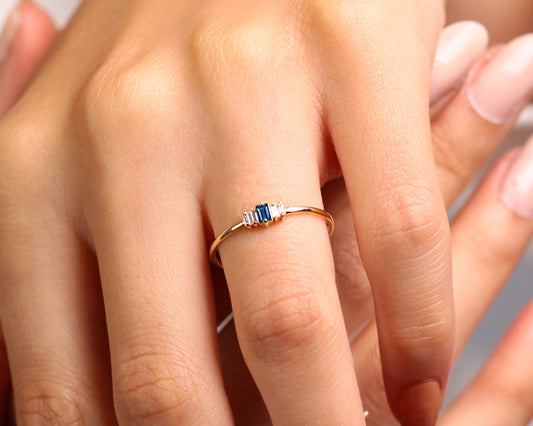 14K Yellow Solid Gold Band,Multi Stone Ring,Baguette Cut Sapphire and Diamond Ring