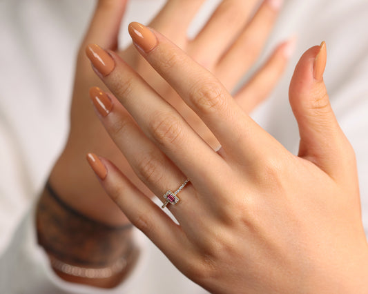 14K Yellow Solid Gold,Multi Stone Ring,Baguette Cut Ruby and Diamond Ring,Dainty Ring