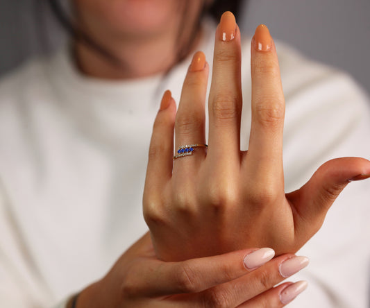 14K Yellow Solid Gold,Multi Stone Ring,Round Cut Sapphire and Diamond Ring