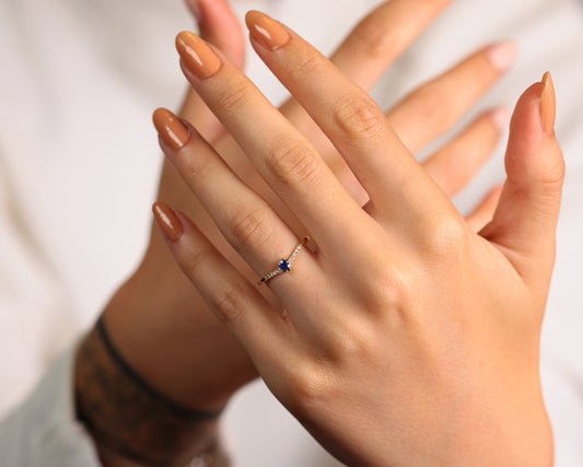 14K Yellow Solid Gold Ring,Chevron Shank Ring,Pear Cut Sapphire Ring,Half Eternity Ring