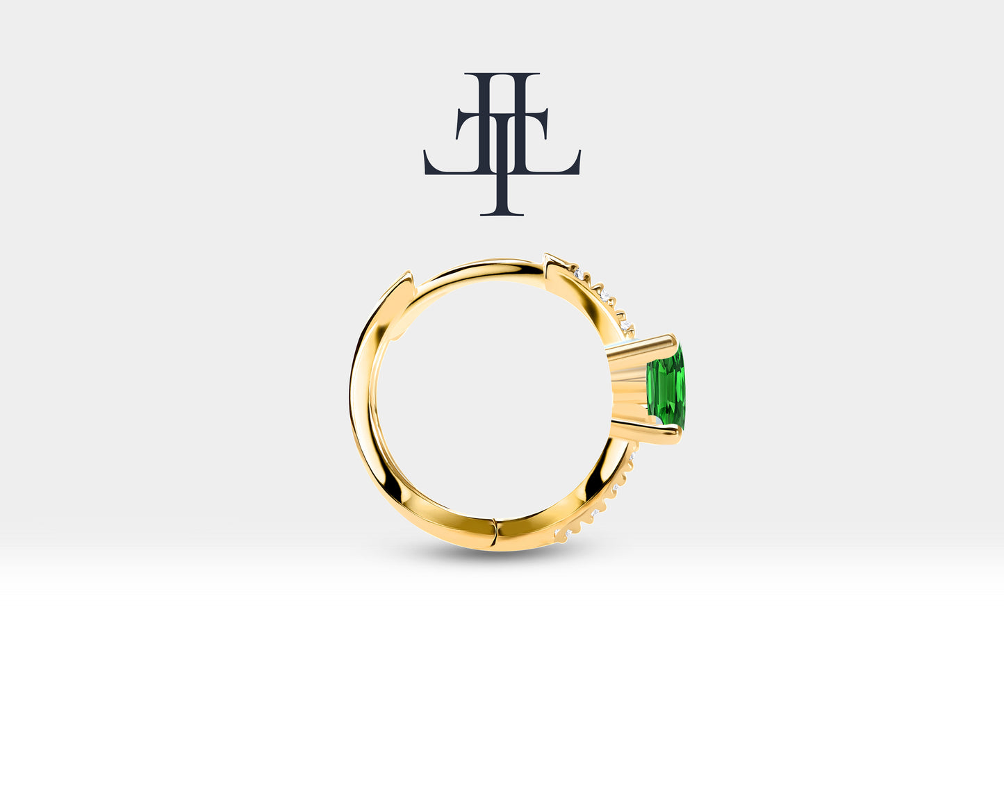 Huggie Hoop Earring , Oval Cut Emerald and Diamond Design Earring , 14K Yellow Solid Gold