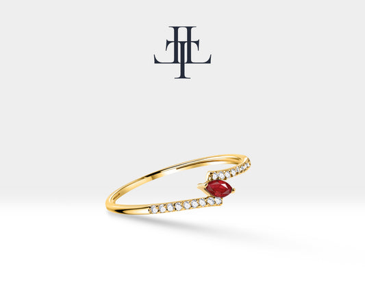 14K Yellow Solid Gold Ring,Marquise Cut Ruby Ring,Half Eternity Diamond Ring