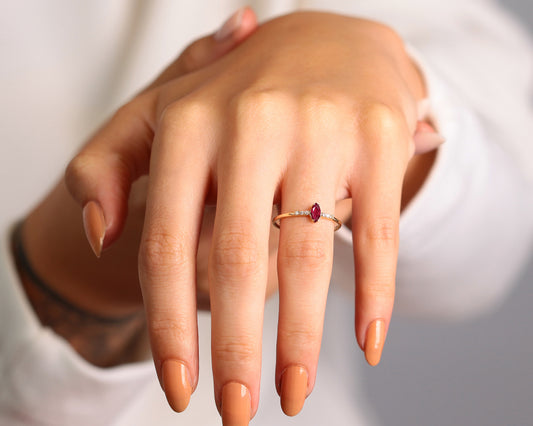 14K Yellow Solid Gold Ring,Marquise Cut Ruby Ring,Tiny Diamond Ring,Multi Stone