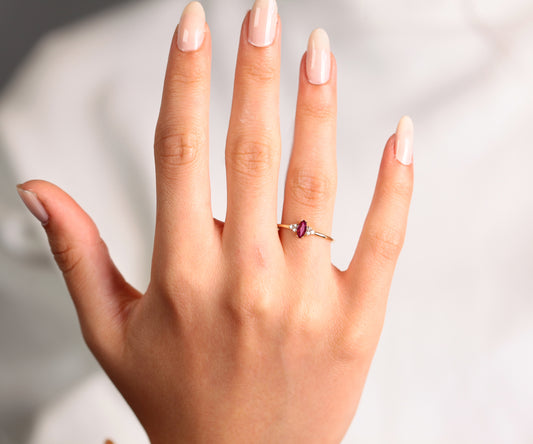 14K Yellow Gold Ring,Straight Shank Engagement Ring,Marquise Cut Ruby Ring