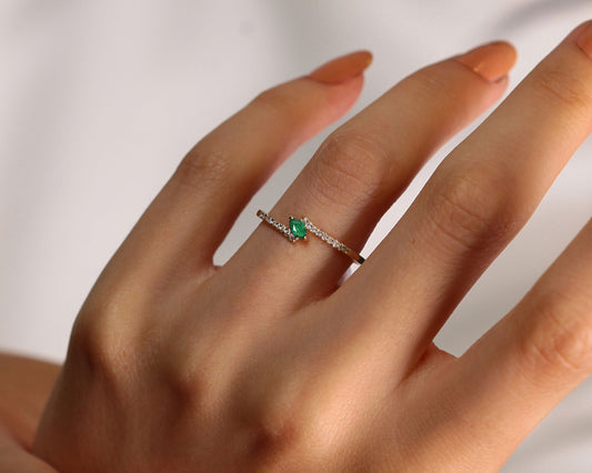 14K Yellow Solid Gold Ring,Marquise Cut Emerald Ring,Half Eternity Diamond Ring