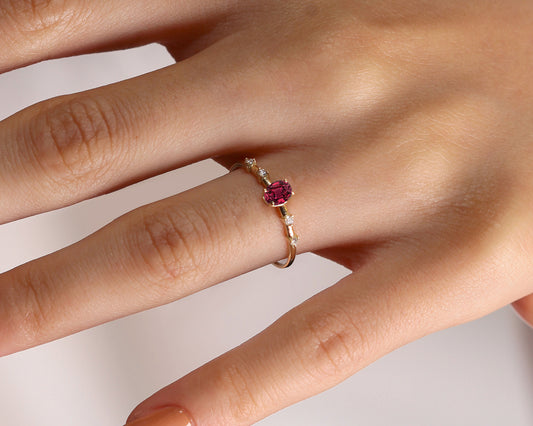 anniversary gift for women, 14k solid gold ring with ruby and diamond