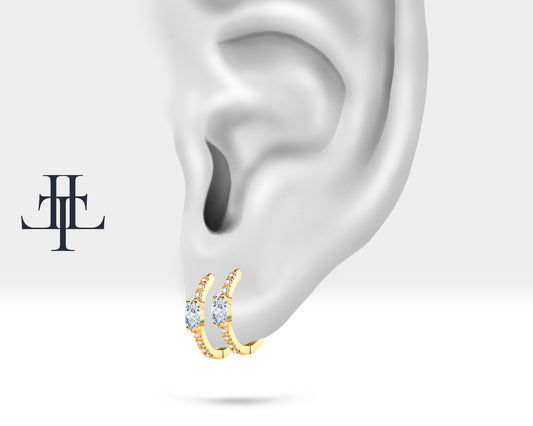 Huggie Hoop Earring , Marquise Cut Diamond Design Earring , 14K Yellow Solid Gold