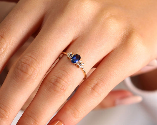 14K Yellow Solid Gold Ring ,Multi Stone Ring ,Oval Cut Sapphire with Cluster Setting Diamond