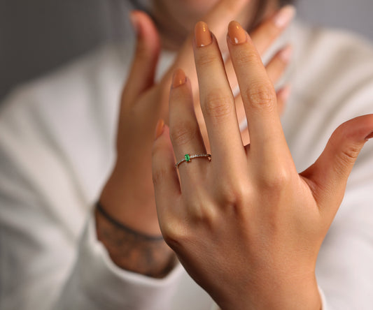 14K Yellow Solid Gold,Multi Stone Ring,Baguette Cut Emerald and Diamond Ring